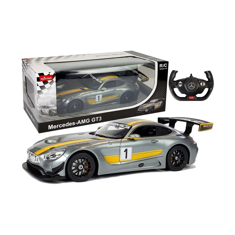 Szary Mercedes AMG GT3 Rastar 1:14 na białym tle z pilotem
