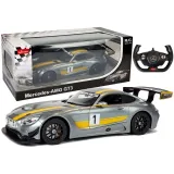 Szary Mercedes AMG GT3 Rastar 1:14 na białym tle z pilotem