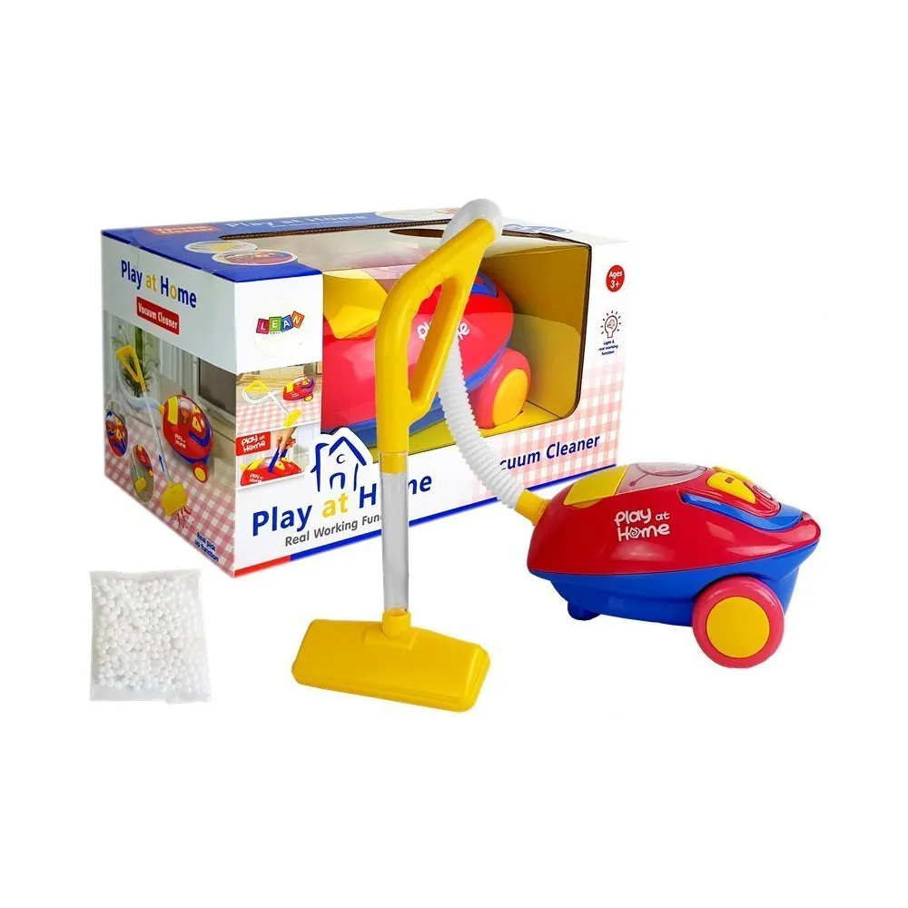 Duży czerwono-żółty odkurzacz zabawkowy na baterie, widok z przodu