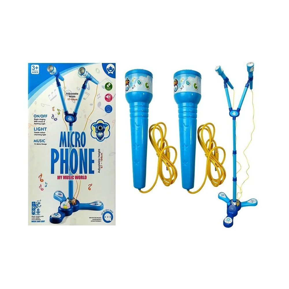 Zestaw karaoke dla dzieci z dwoma niebieskimi mikrofonami na statywie
