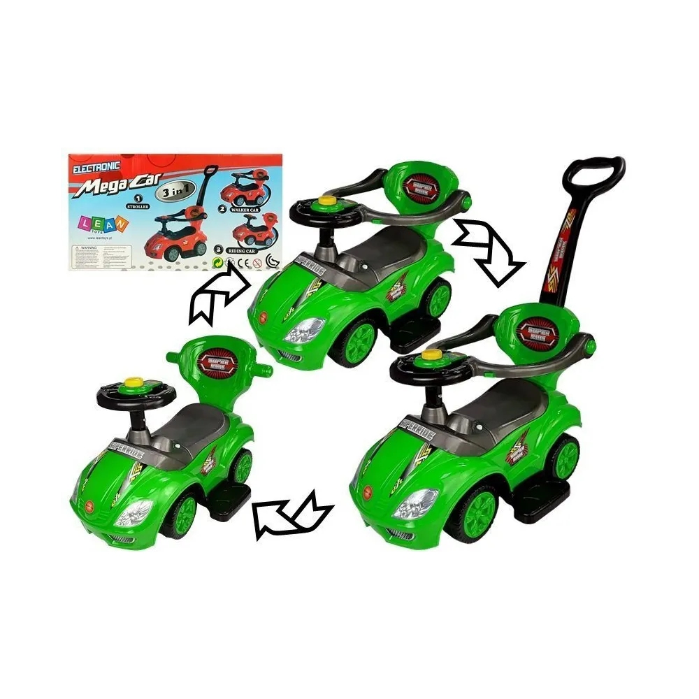 zielony jeździk z pchaczem dla dzieci 3w1 na tle ogrodu