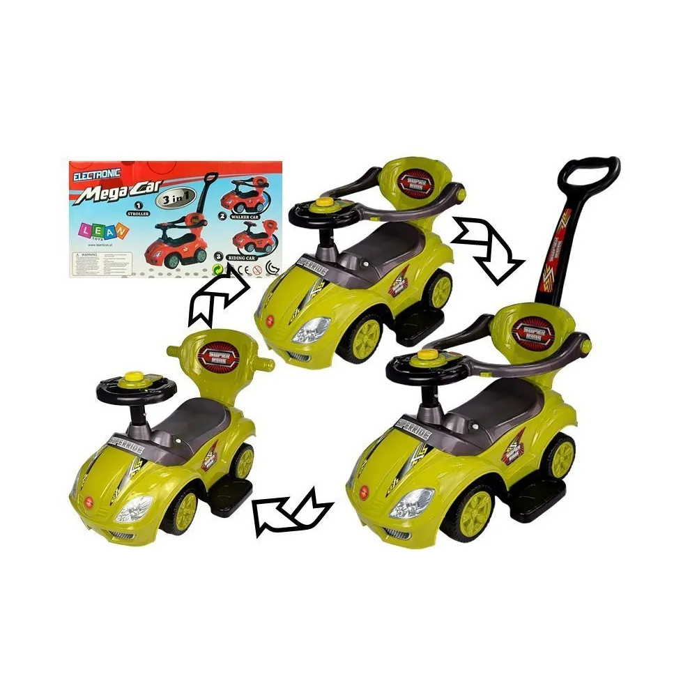 Żółty jeździk z pchaczem Mega Car 3w1 widoczny z boku