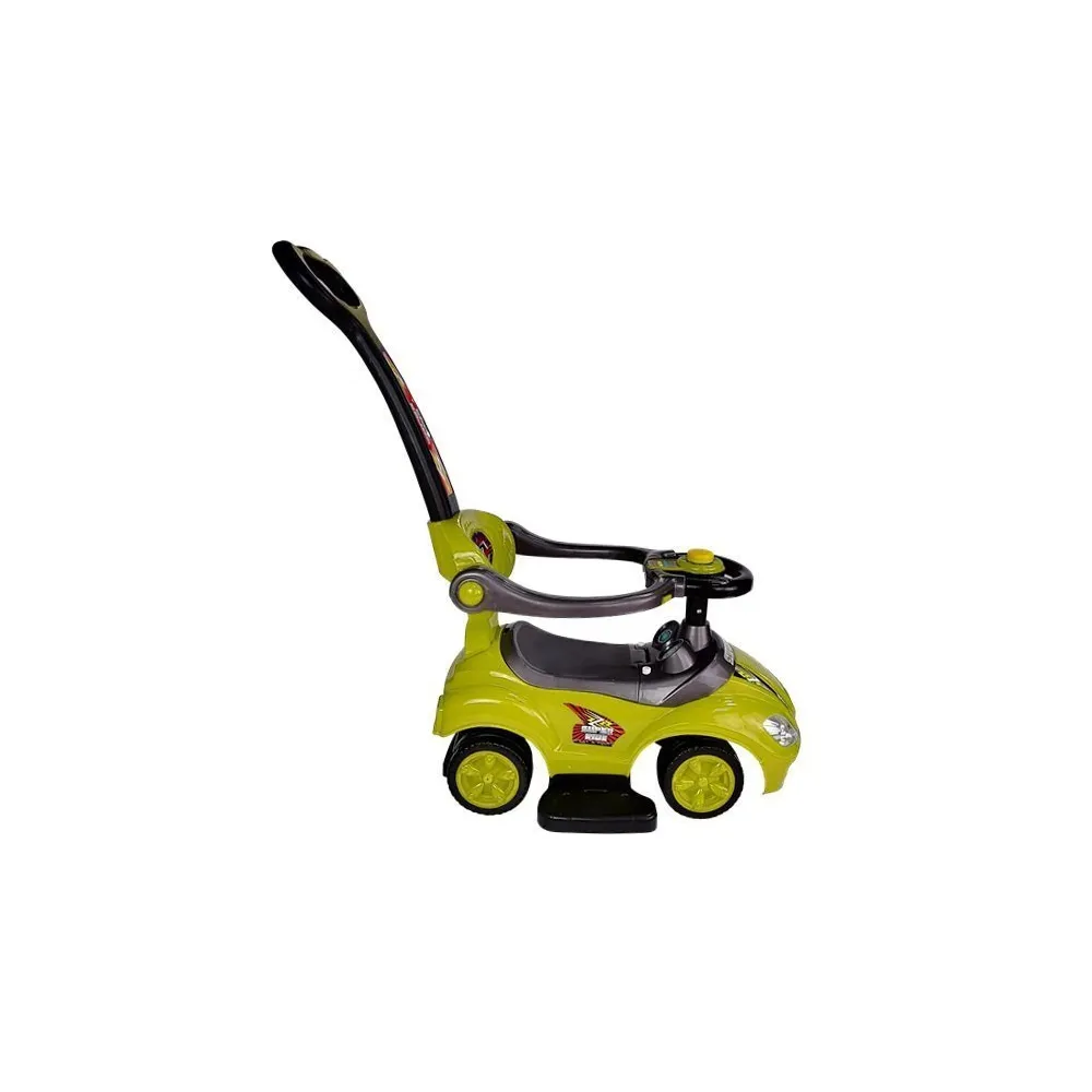 Widok żółtego autka na kółkach z rączką do pchania