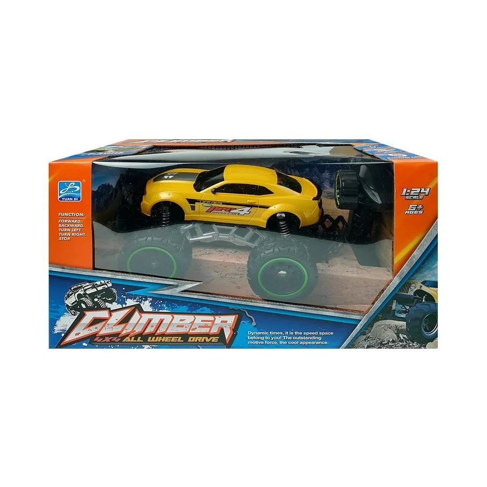 Sterowany pilotem samochód terenowy z gumowymi kołami, żółty