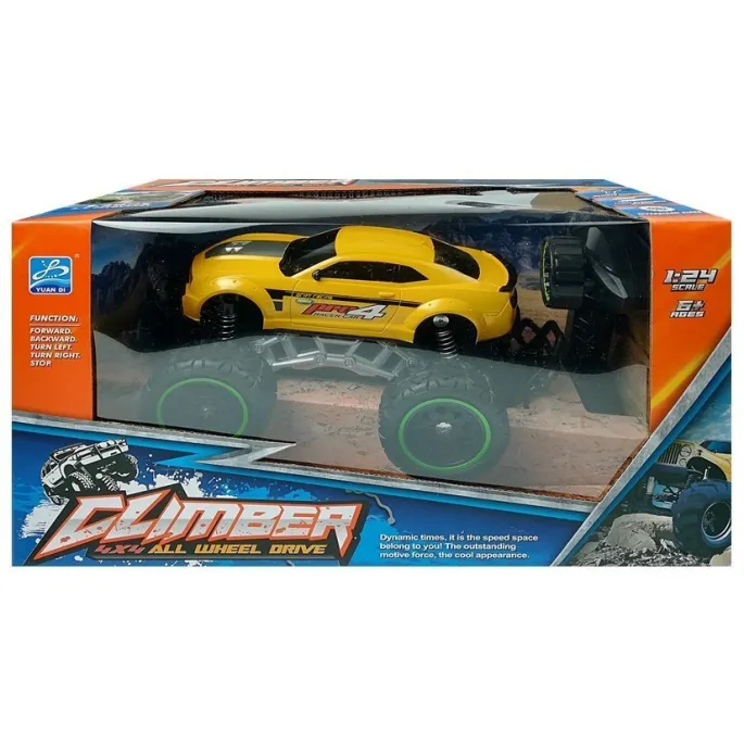 Sterowany pilotem samochód terenowy z gumowymi kołami, żółty