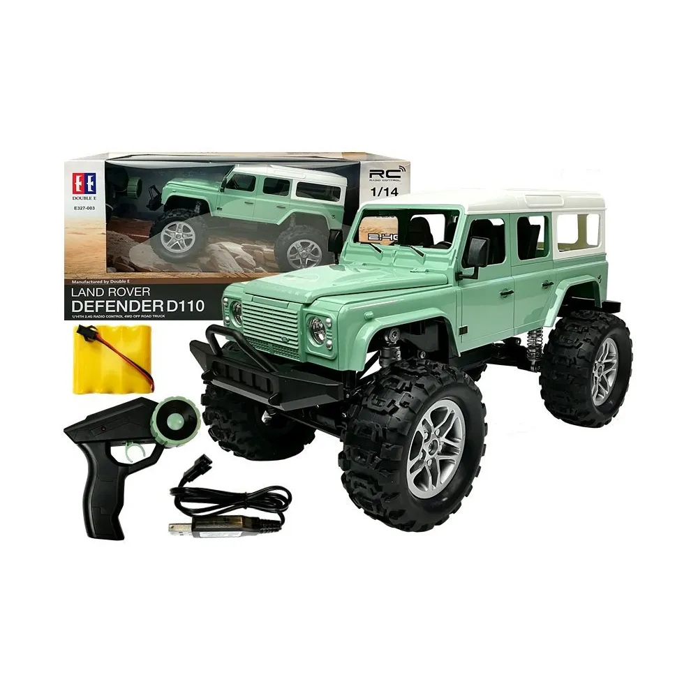 Zielony Land Rover Defender D110 RC skala 1:14 na białym tle