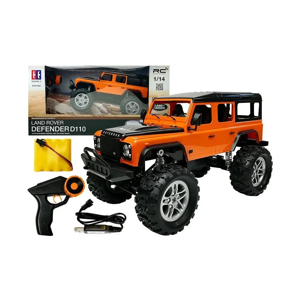 Pomarańczowy Land Rover Defender RC 1:14 na białym tle, widok z boku