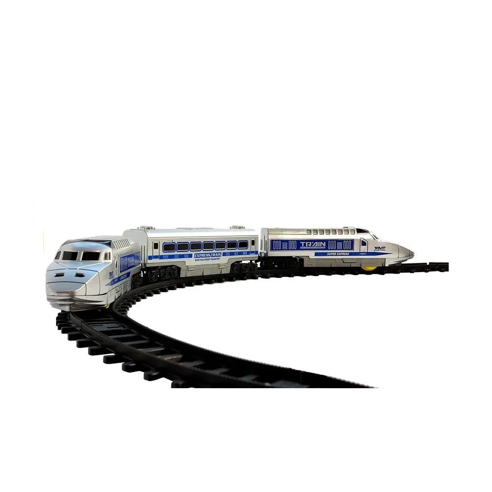 Zestaw torów kolejowych z pociągiem i dwoma wagonami dla dzieci