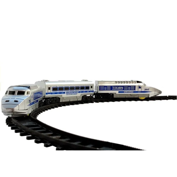 Zestaw torów kolejowych z pociągiem i dwoma wagonami dla dzieci