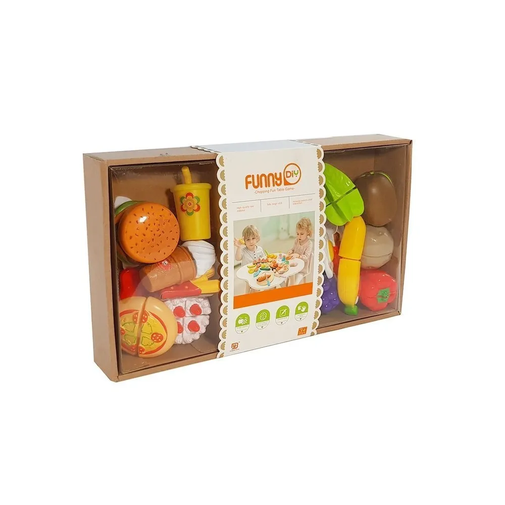 Komplet warzyw, owoców, pizzy i frytek do odgrywania ról w kuchni