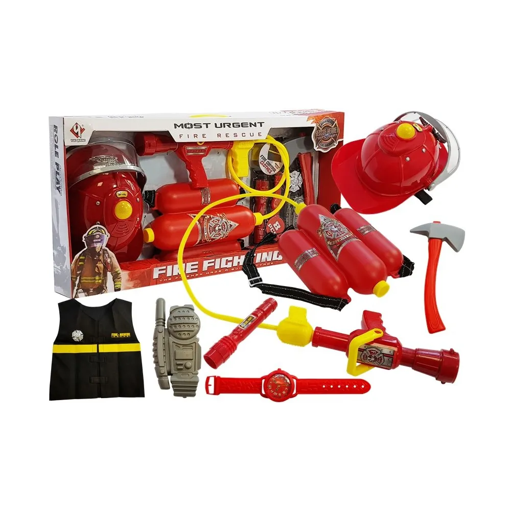 Zestaw Strażacki na Baterie Kask Gaśnica Akcesoria Czerwony