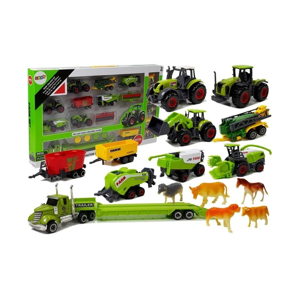 Zestaw traktorów z przyczepami i figurkami zwierząt dla dzieci