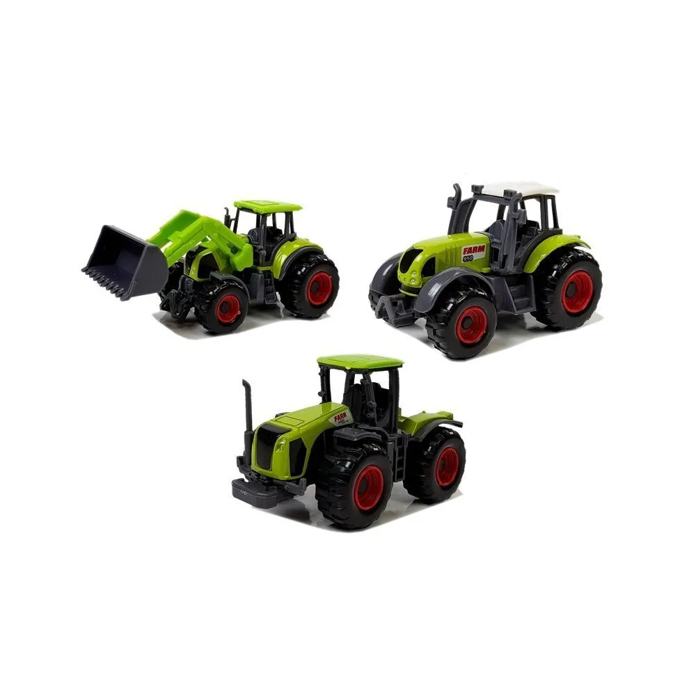 Różnorodne pojazdy rolnicze z figurkami zwierząt domowych