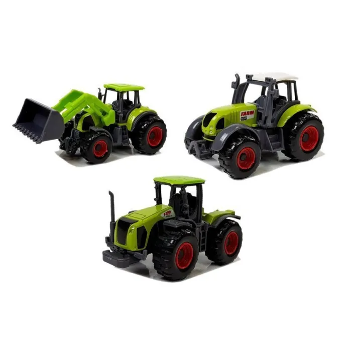 Różnorodne pojazdy rolnicze z figurkami zwierząt domowych