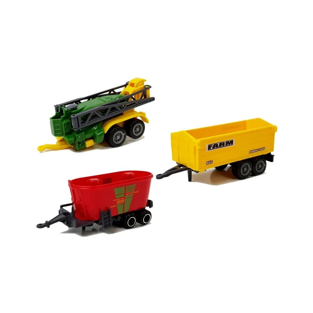 Kolorowy zestaw maszyn rolniczych i figurek na farmę