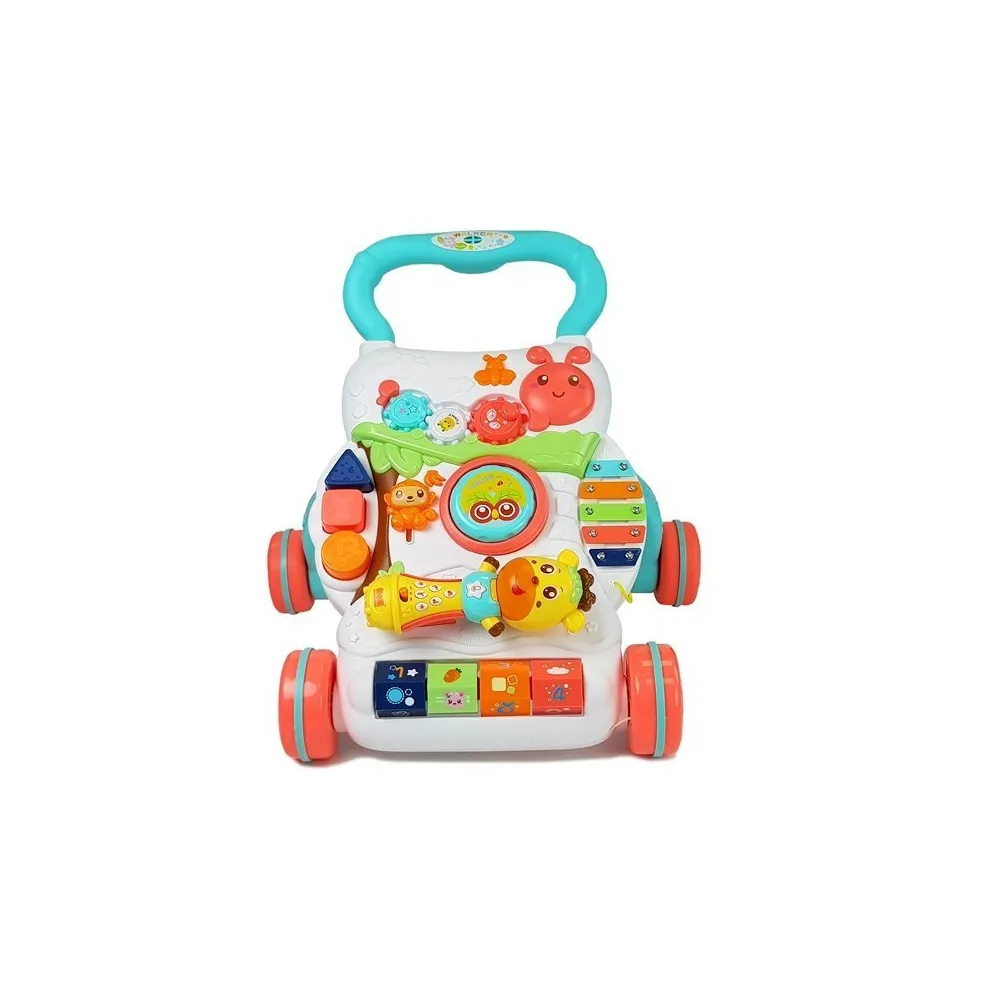 Dziecko korzystające z pchacza edukacyjnego i kolorowego mikrofonu