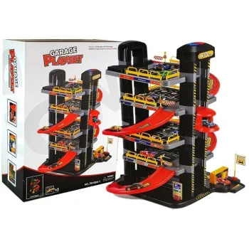 Widok pięciopoziomowego parkingu garażowego z autkami dla dzieci