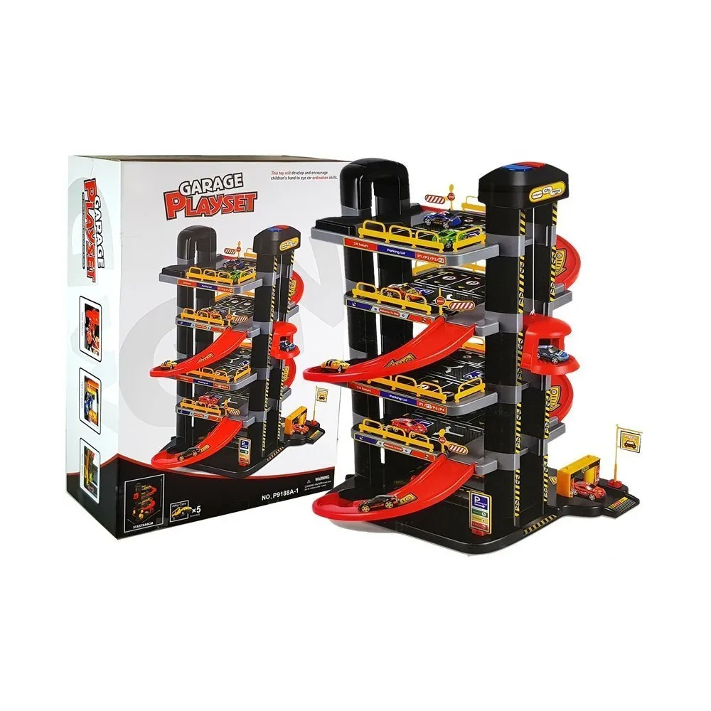 Widok pięciopoziomowego parkingu garażowego z autkami dla dzieci