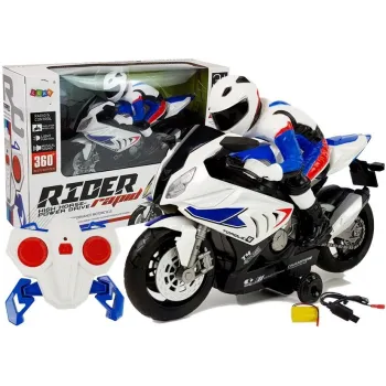 Zdalnie sterowany motocykl R/C 2.4G w kolorze białym na tle szarego stołu