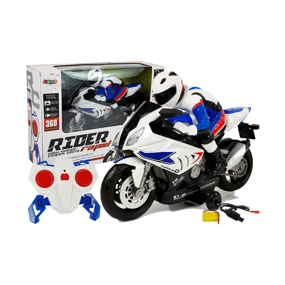 Zdalnie sterowany motocykl R/C 2.4G w kolorze białym na tle szarego stołu