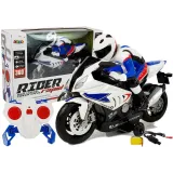 Zdalnie sterowany motocykl R/C 2.4G w kolorze białym na tle szarego stołu