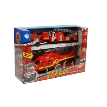 Elementy zestawu strażackiego rozmieszczone na jasnym tle