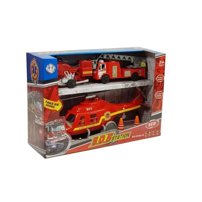 Elementy zestawu strażackiego rozmieszczone na jasnym tle