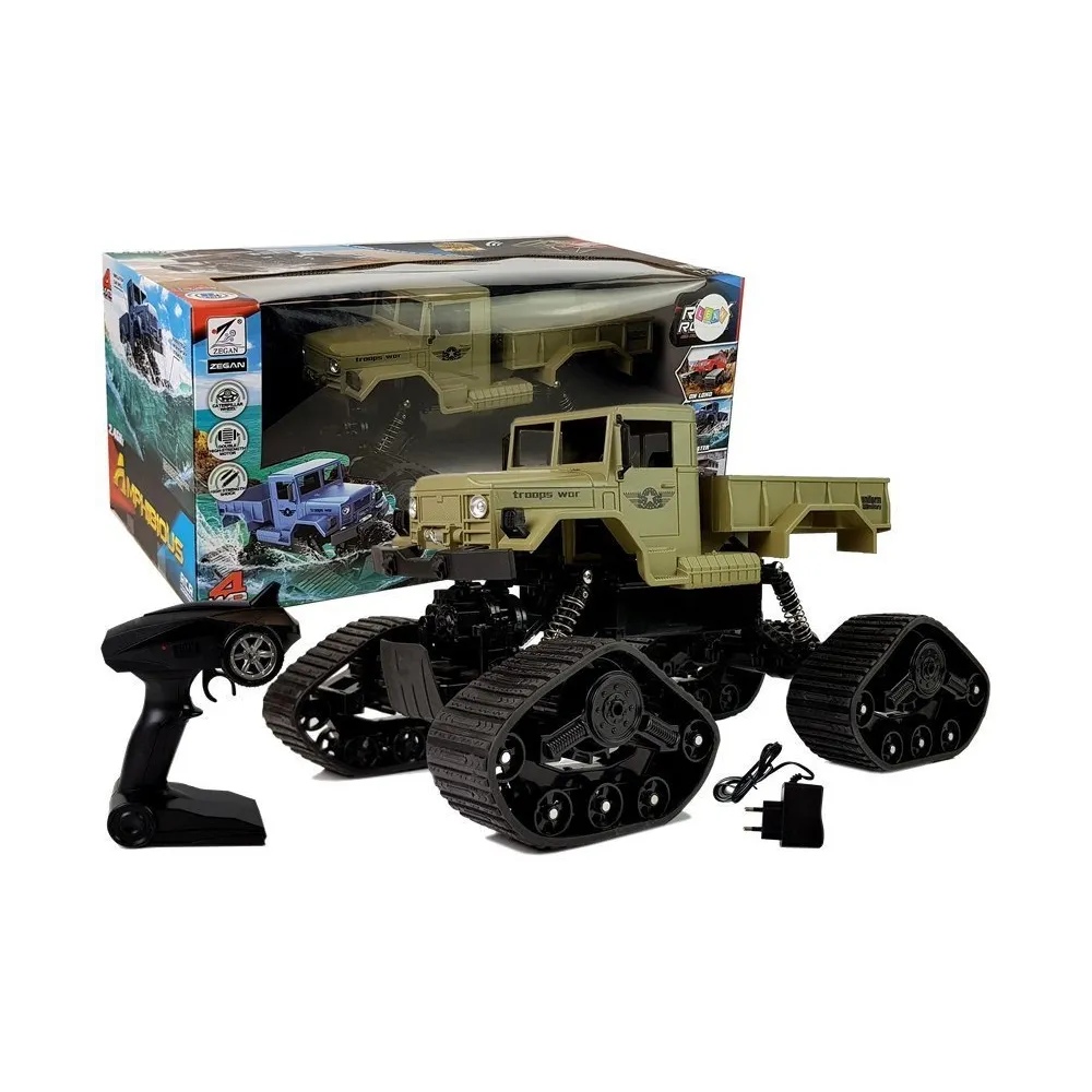 Auto terenowe RC 1:12 na gąsienicach żółte – widok z boku