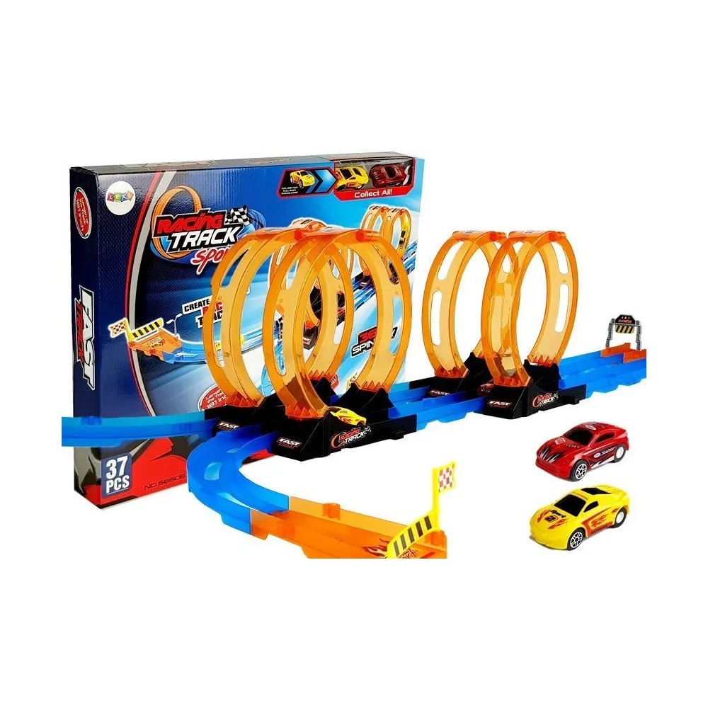 Tor wyścigowy z pętlami i dwoma autkami na białym tle