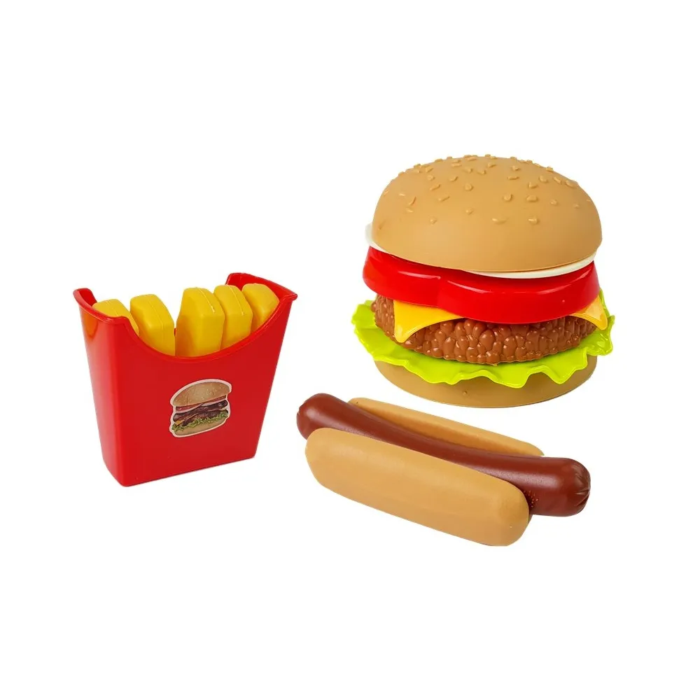 Elementy zestawu: hamburger, frytki, hot dog, ciasta i akcesoria kuchenne