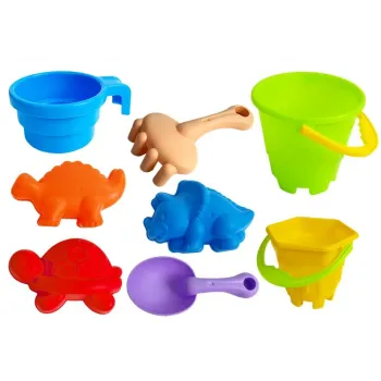 Kolorowy stolik piaskownica z wiaderkami i kreatywnymi foremkami