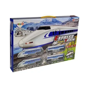 Lokomotywa Pendolino z wagonami, drzewkami i znakami