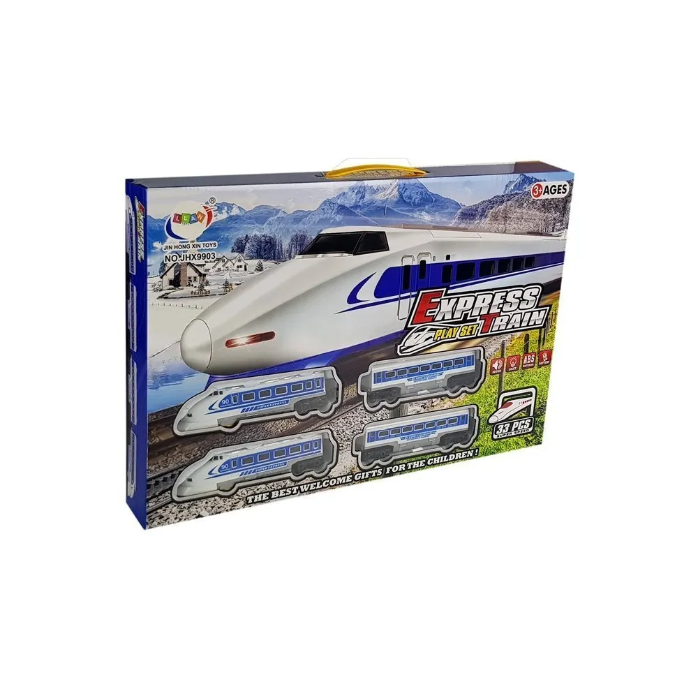 Lokomotywa Pendolino z wagonami, drzewkami i znakami