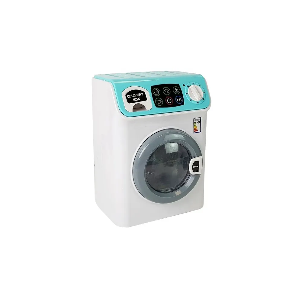 Zbliżenie na otwierany bęben oraz szufladkę na proszek w pralce zabawkowej