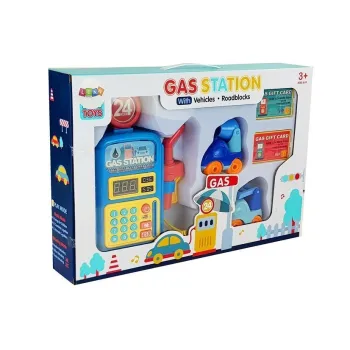 Bezpieczna stacja benzynowa z uroczymi autkami i kartami płatniczymi