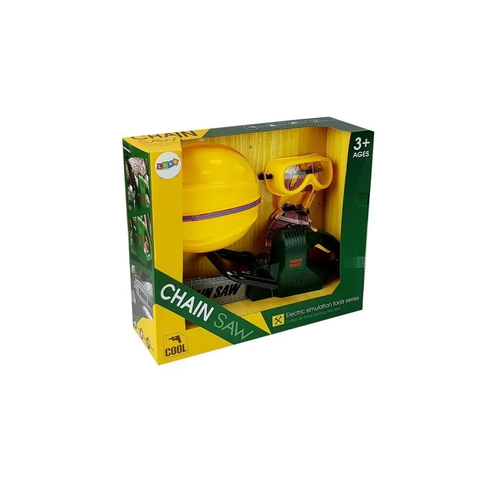 Akcesoria do zabawy dla dzieci – piła na baterie, kask, rękawice i okulary