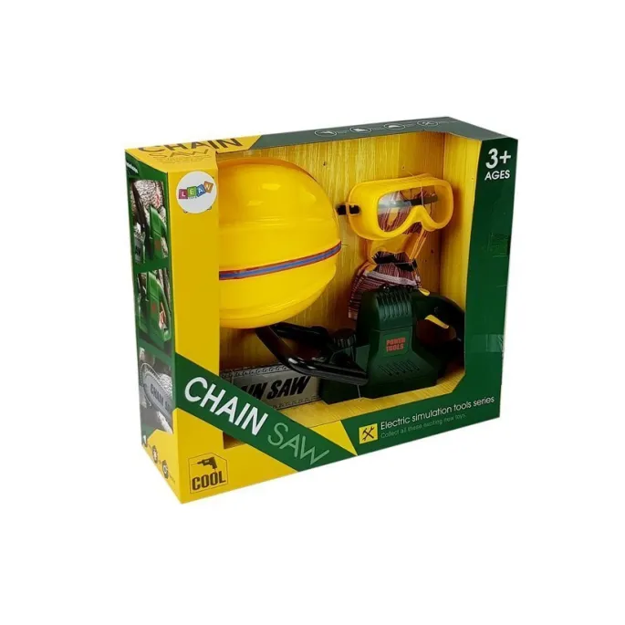 Akcesoria do zabawy dla dzieci – piła na baterie, kask, rękawice i okulary