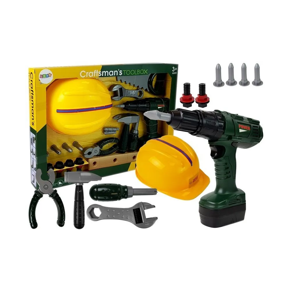 Zestaw narzędzi dla dzieci z wiertarką na baterie i kaskiem ochronnym