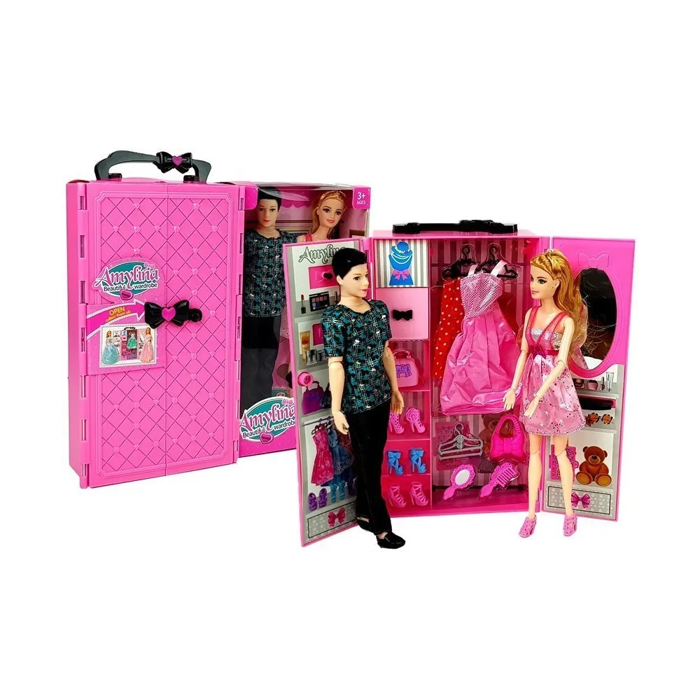 Zestaw lalek chłopak i dziewczyna z szafą i ubraniami w walizce