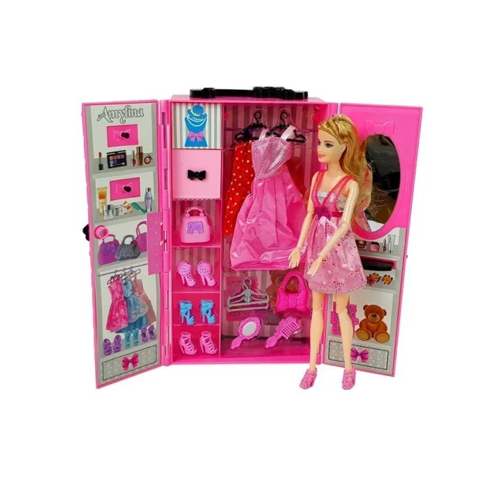 Przenośna garderoba dziecięca z lalkami i akcesoriami do stylizacji