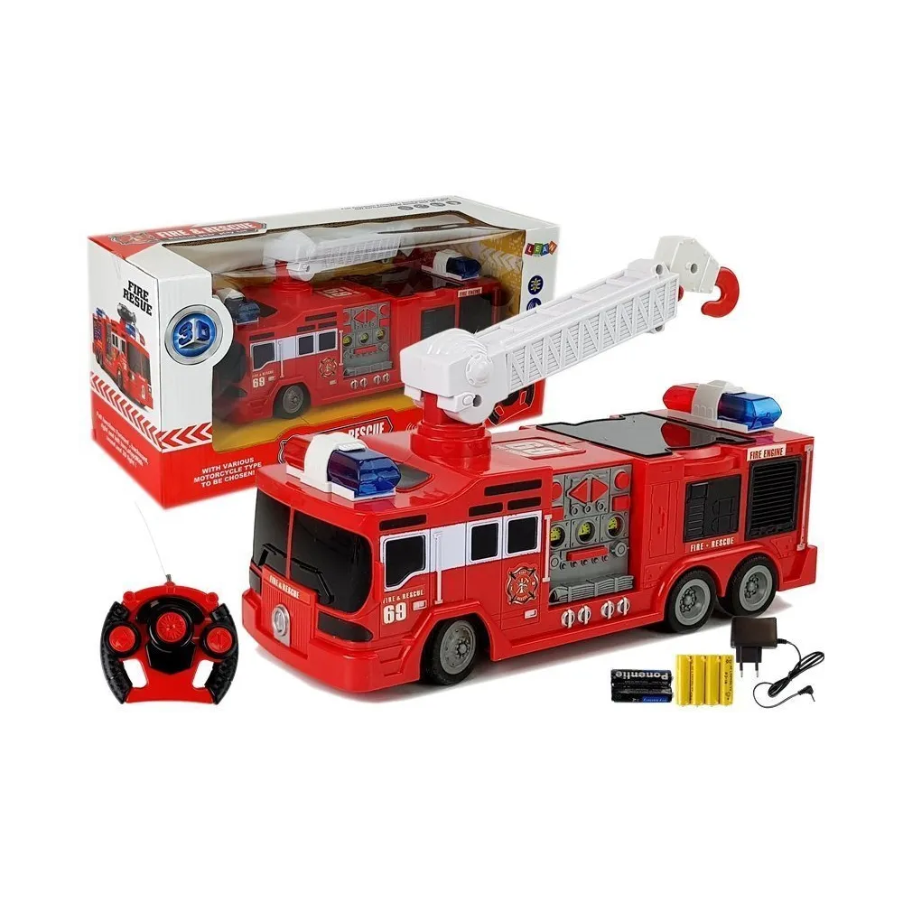 Zdalnie sterowany wóz strażacki 28cm z wysuwaną drabiną z bliska