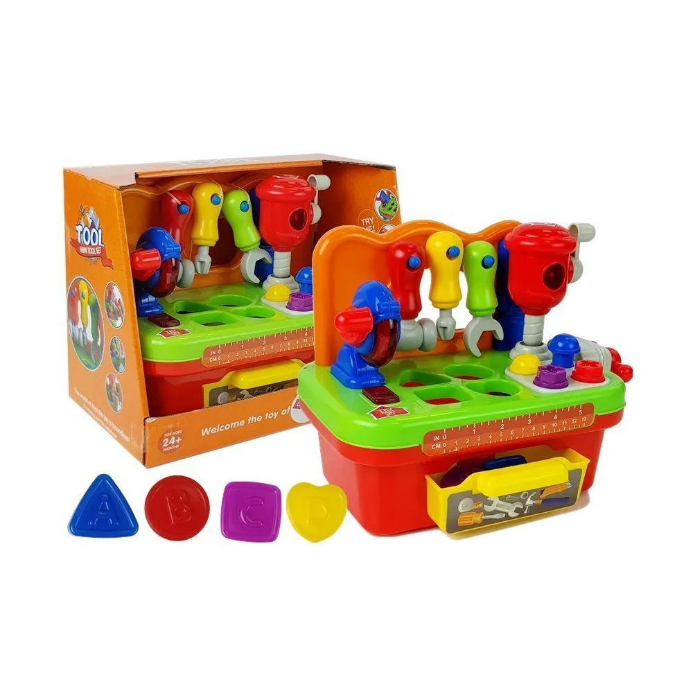 Interaktywny warsztat dla niemowląt z kolorowymi narzędziami i sorterem