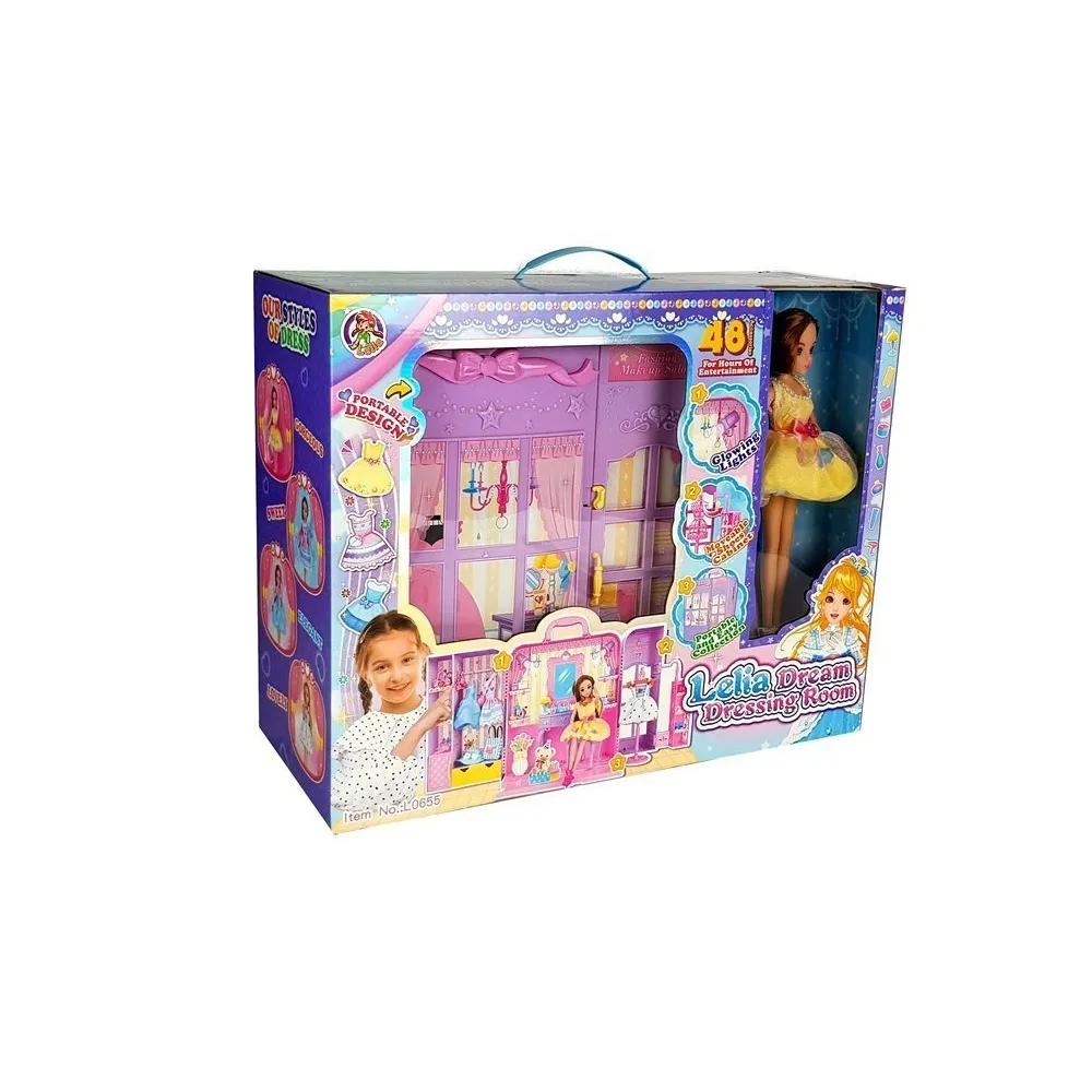 Lalka 26 cm z garderobą, światłem i bogatym zestawem ubranek