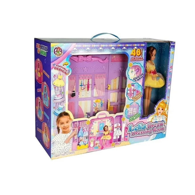 Lalka 26 cm z garderobą, światłem i bogatym zestawem ubranek