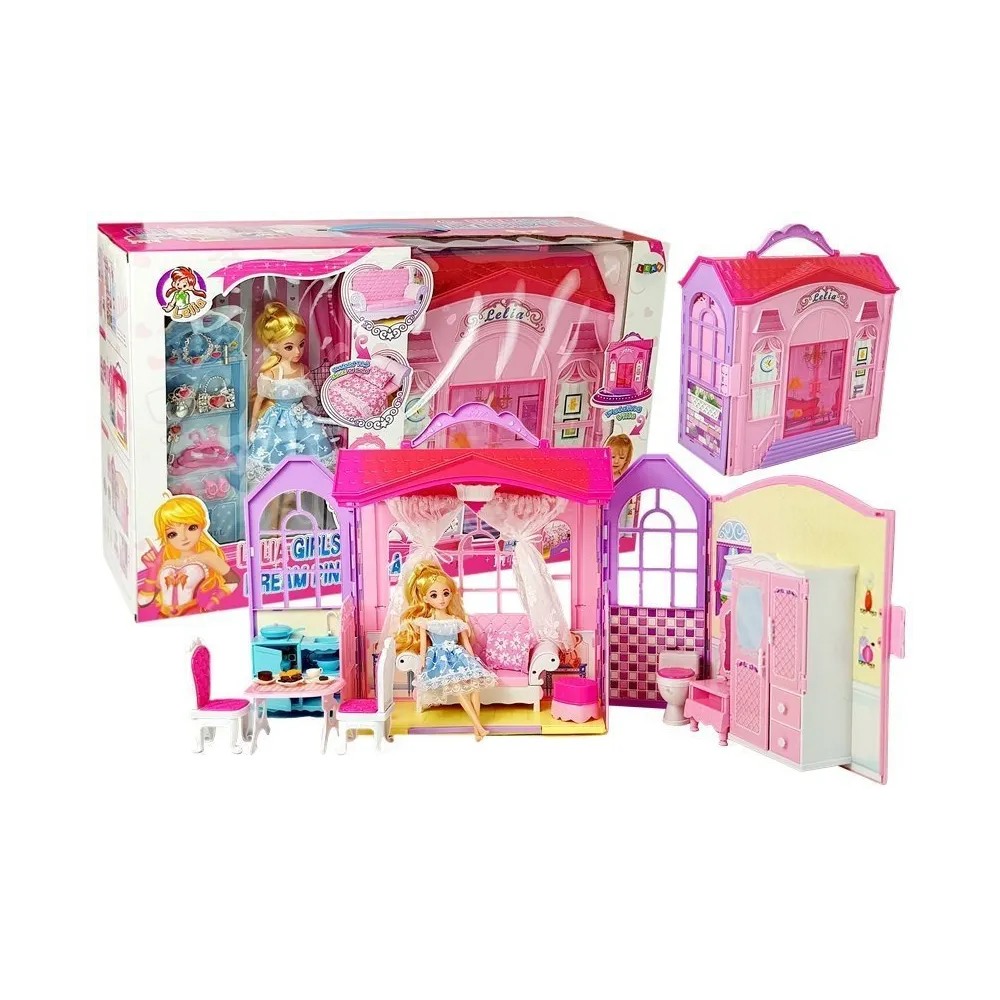 Rozkładany domek dla lalek z blondynką i akcesoriami w kolorowej walizce