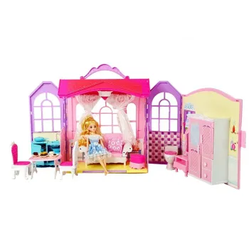 Rozkładany Domek dla Lalek Lalka Blondynka z Akcesoriami Kuchnia Toaleta Sypialnia w Walizce