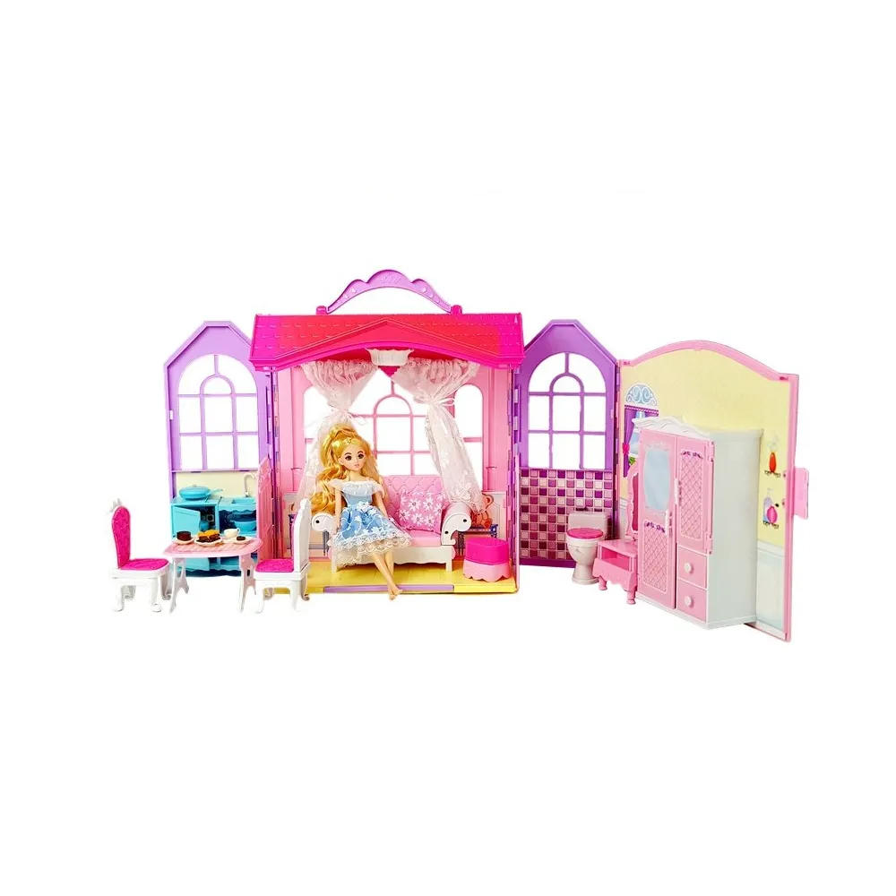 Lalka blondynka z zestawem do domku – kuchnia, sypialnia, łazienka, garderoba