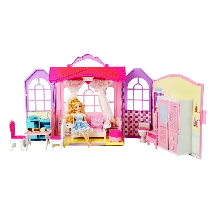 Lalka blondynka z zestawem do domku – kuchnia, sypialnia, łazienka, garderoba