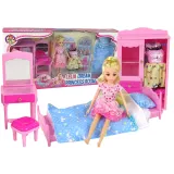 Lalka z kompletem mebli: łóżko, szafa, toaletka i stołek dla dzieci