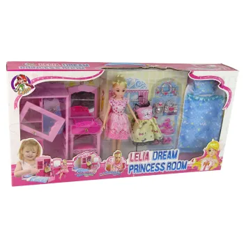 Kolorowy zestaw lalka i meble dla rozwoju dziecięcej wyobraźni